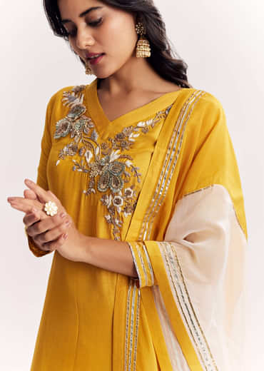 Yellow Gotta Work Kurta Sharara Suit In Russian Silk