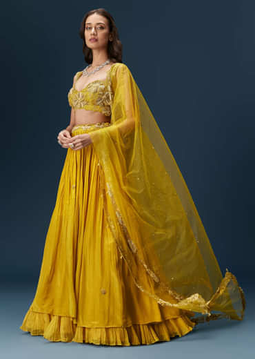 Yellow Indo Western Lehenga With Rushed Skirt And Embroidered Dupatta