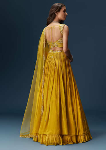 Yellow Indo Western Lehenga With Rushed Skirt And Embroidered Dupatta