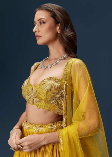 Yellow Indo Western Lehenga With Rushed Skirt And Embroidered Dupatta