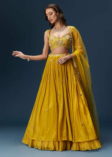 Yellow Indo Western Lehenga With Rushed Skirt And Embroidered Dupatta