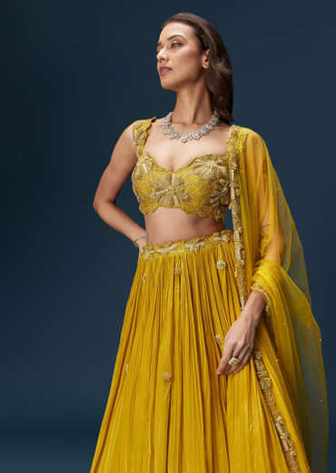Yellow Indo Western Lehenga With Rushed Skirt And Embroidered Dupatta