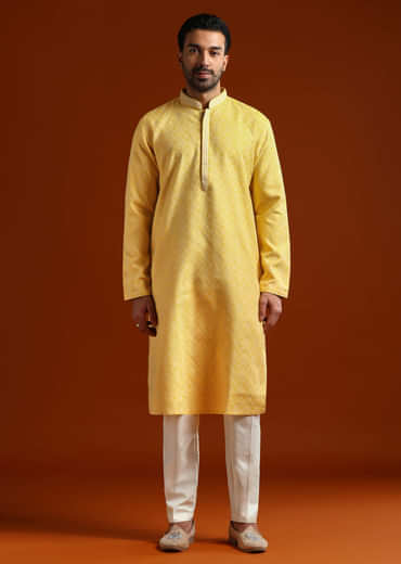 Yellow Jacquard Kurta Set For Men With Subtle Print