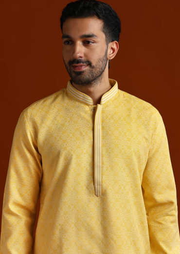 Yellow Jacquard Kurta Set For Men With Subtle Print