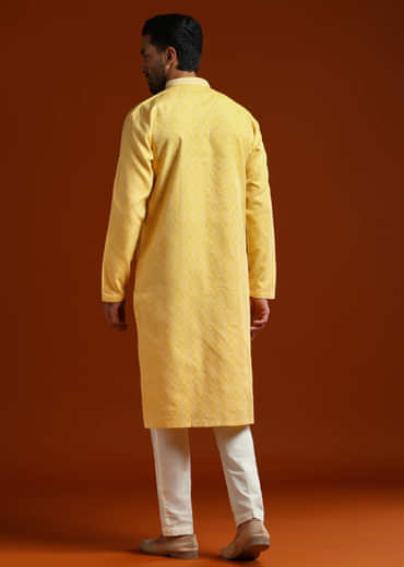 Yellow Jacquard Kurta Set For Men With Subtle Print
