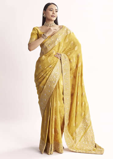 Yellow Jacquard Silk Saree With Woven Brocade Zari Work