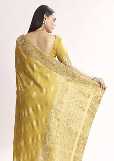 Yellow Jacquard Silk Saree With Woven Brocade Zari Work