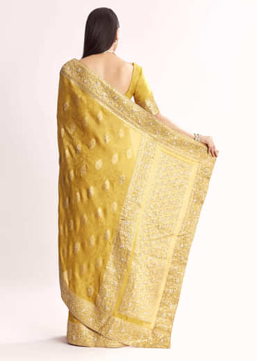 Yellow Jacquard Silk Saree With Woven Brocade Zari Work