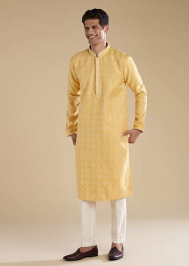 Yellow Jacquard Straight Mens Kurta and Pant Set