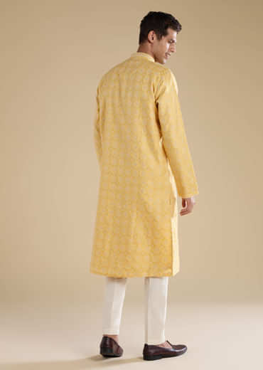 Yellow Jacquard Straight Mens Kurta and Pant Set