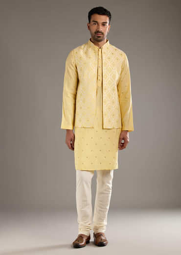 Yellow Kurta Jacket Set For Men With Hand Embroidery