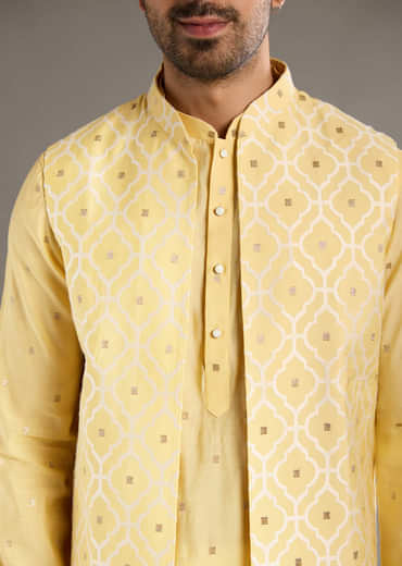 Yellow Kurta Jacket Set For Men With Hand Embroidery