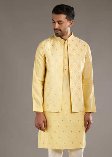 Yellow Kurta Jacket Set For Men With Hand Embroidery