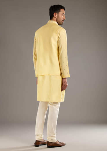 Yellow Kurta Jacket Set For Men With Hand Embroidery