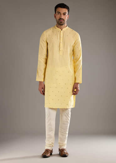Yellow Kurta Jacket Set For Men With Hand Embroidery
