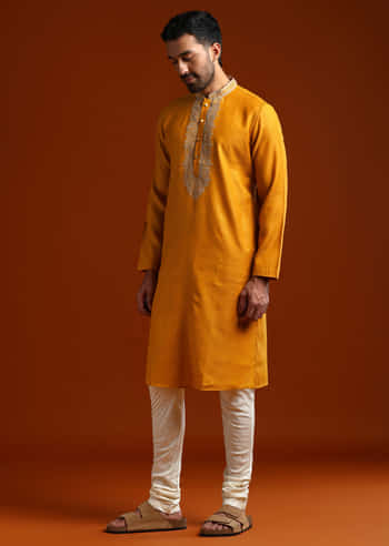 Yellow Kurta Set For Men With Thread Embroidery