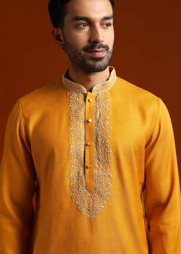 Yellow Kurta Set For Men With Thread Embroidery