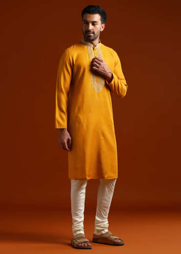 Yellow Kurta Set For Men With Thread Embroidery