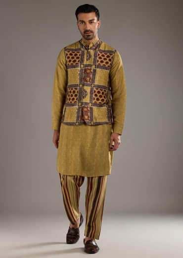 Yellow Linen Kurta Jacket Set For Men With Hand Block Ajrakh Print