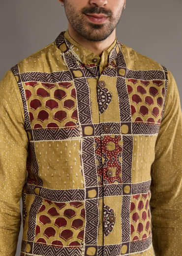 Yellow Linen Kurta Jacket Set For Men With Hand Block Ajrakh Print