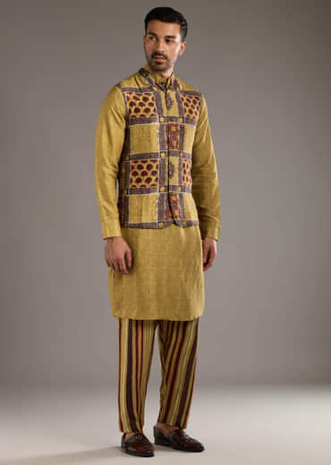Yellow Linen Kurta Jacket Set For Men With Hand Block Ajrakh Print