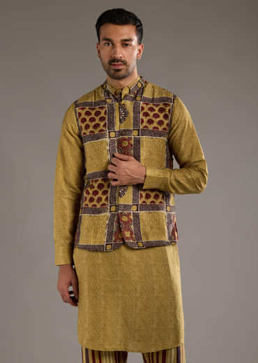 Yellow Linen Kurta Jacket Set For Men With Hand Block Ajrakh Print