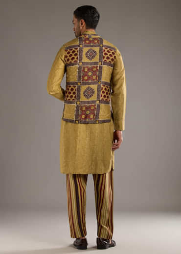 Yellow Linen Kurta Jacket Set For Men With Hand Block Ajrakh Print