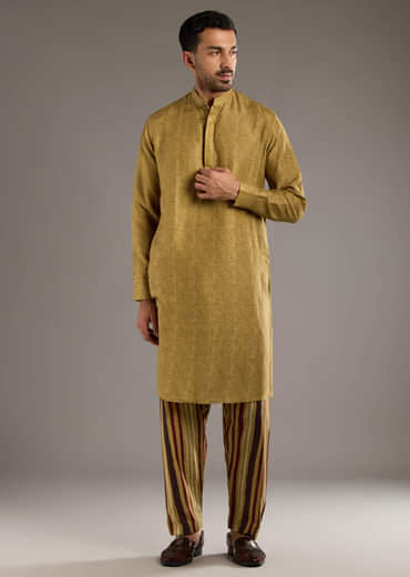 Yellow Linen Kurta Jacket Set For Men With Hand Block Ajrakh Print