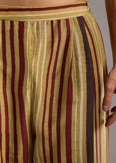 Yellow Linen Kurta Jacket Set For Men With Hand Block Ajrakh Print