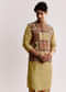 Yellow Linen Kurta Jacket Set With Ajrakh Print