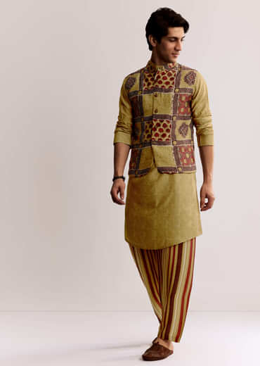 Yellow Linen Kurta Jacket Set With Ajrakh Print