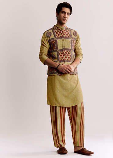 Yellow Linen Kurta Jacket Set With Ajrakh Print