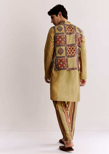 Yellow Linen Kurta Jacket Set With Ajrakh Print