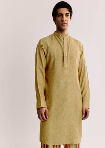 Yellow Linen Kurta Jacket Set With Ajrakh Print