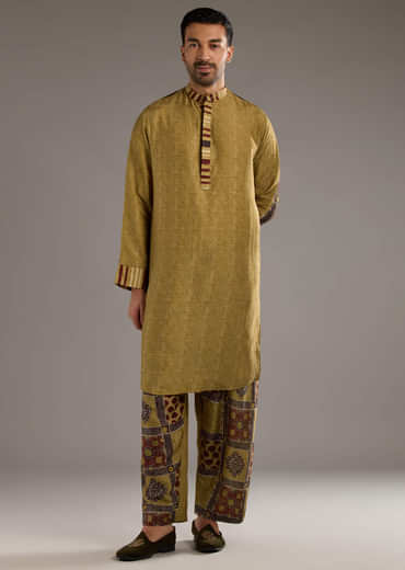 Yellow Linen Kurta Set For Men With Hand Block Ajrakh Print