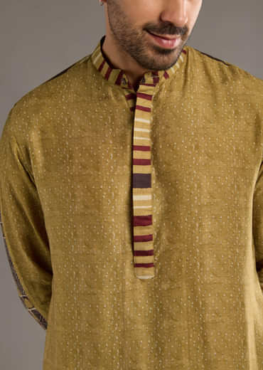 Yellow Linen Kurta Set For Men With Hand Block Ajrakh Print