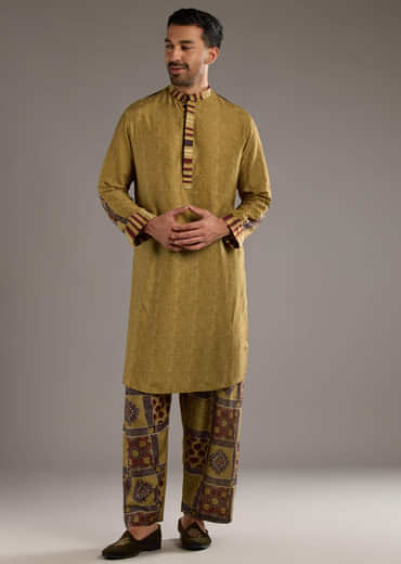 Yellow Linen Kurta Set For Men With Hand Block Ajrakh Print