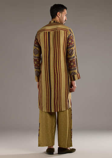 Yellow Linen Kurta Set For Men With Hand Block Ajrakh Print