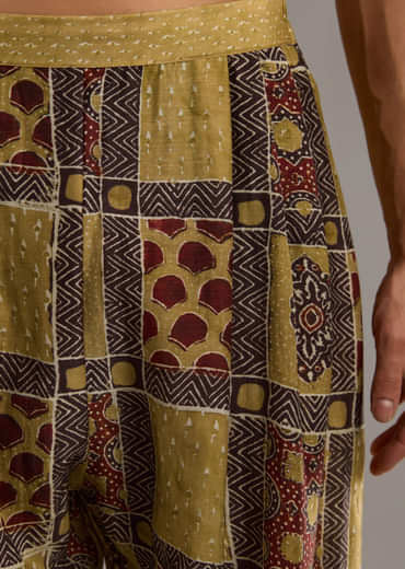 Yellow Linen Kurta Set For Men With Hand Block Ajrakh Print