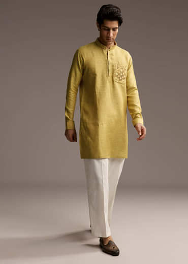 Yellow Linen Kurta Set For Men With Thread Hand Embroidery