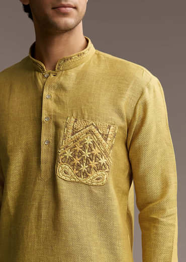 Yellow Linen Kurta Set For Men With Thread Hand Embroidery