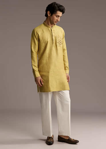 Yellow Linen Kurta Set For Men With Thread Hand Embroidery