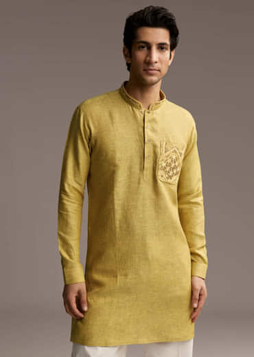 Yellow Linen Kurta Set For Men With Thread Hand Embroidery
