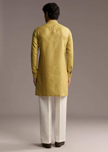 Yellow Linen Kurta Set For Men With Thread Hand Embroidery
