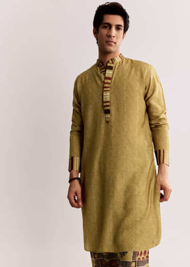 Yellow Linen Kurta Set With Ajrakh Print