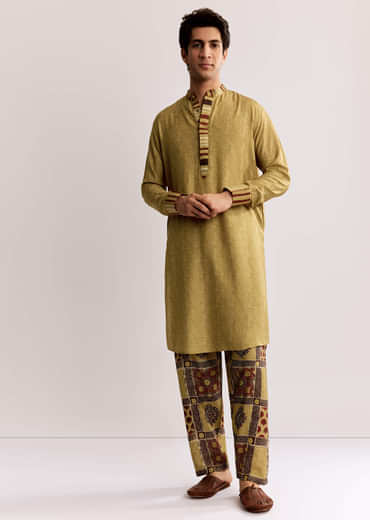 Yellow Linen Kurta Set With Ajrakh Print