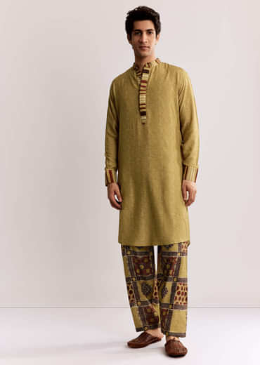 Yellow Linen Kurta Set With Ajrakh Print