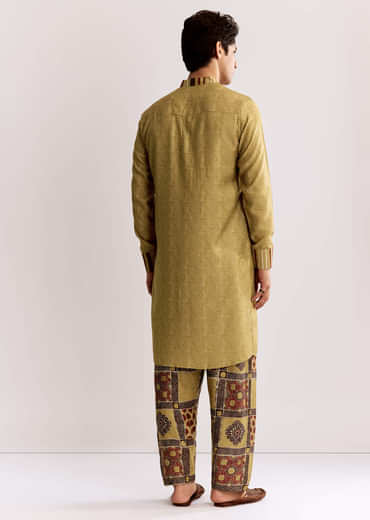 Yellow Linen Kurta Set With Ajrakh Print