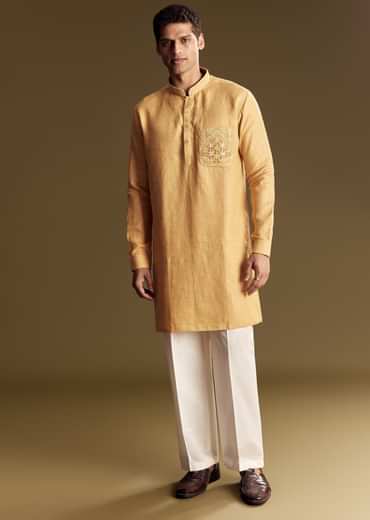 Yellow Linen Kurta Set With Embroidered Thread