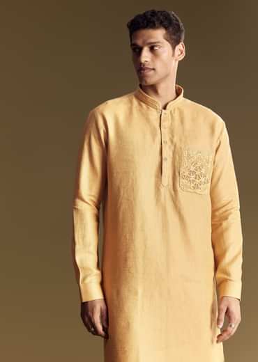 Yellow Linen Kurta Set With Embroidered Thread